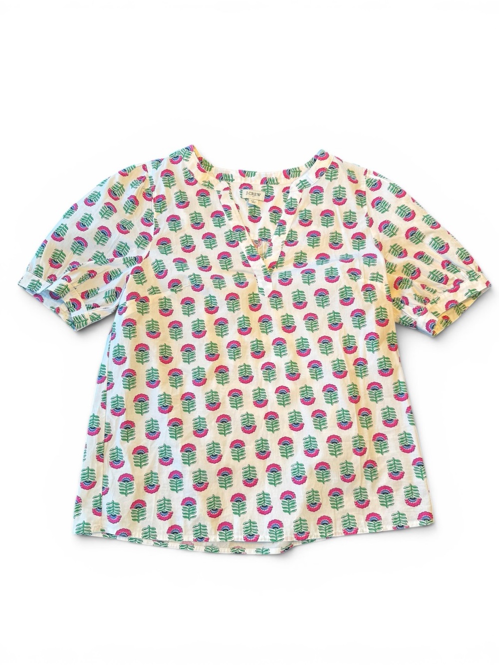 J. Crew Cream Short-Sleeve Top with Pink & Green Print